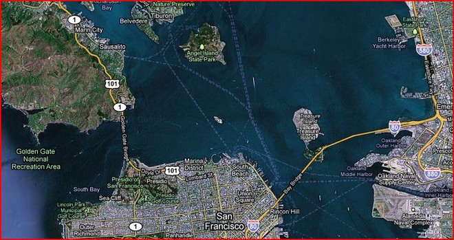 Proposed Race Area - San Francisco. The area slated for re-development as the America’s Cup Centre is to the right of the right-hand bridge.  © SW